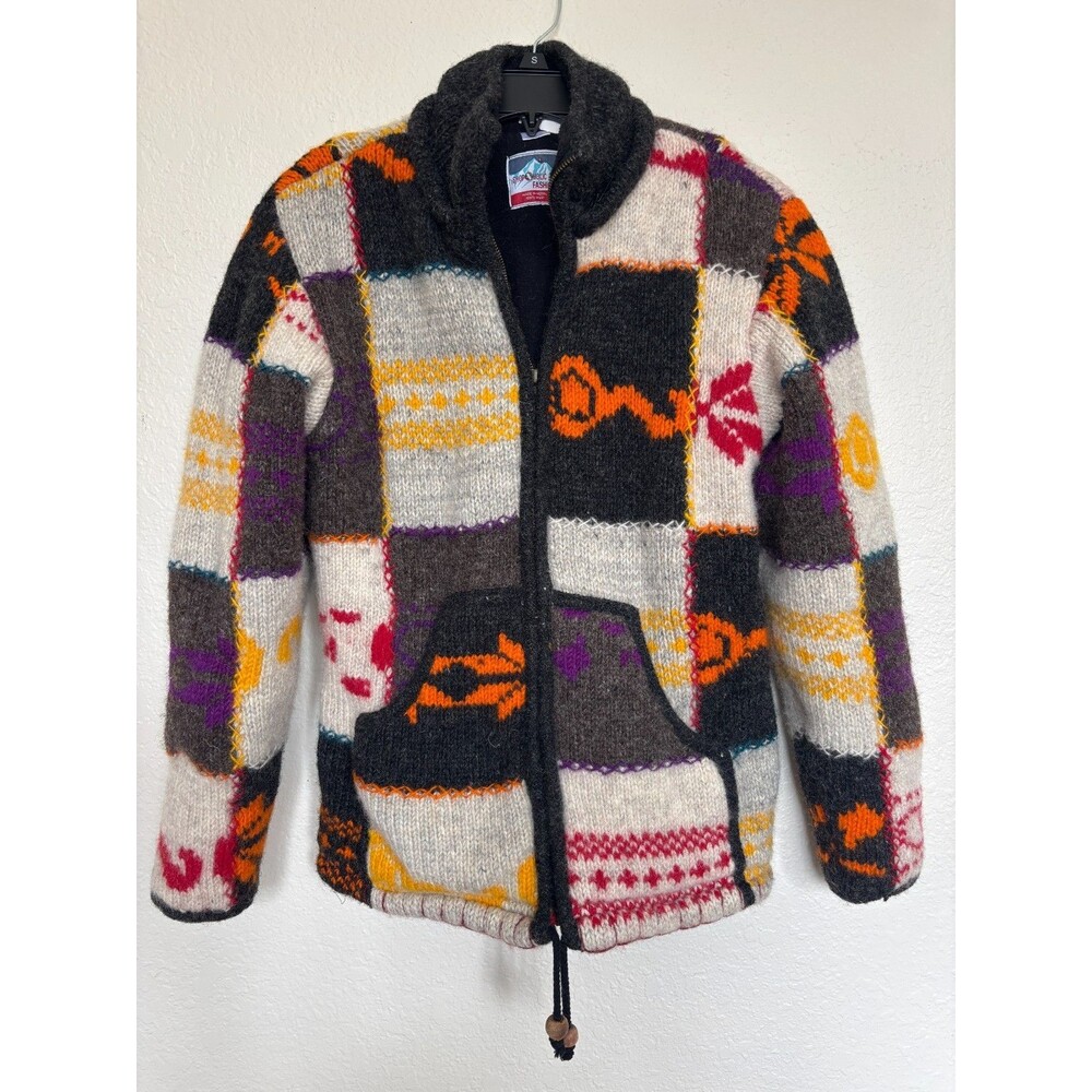 Vintage Handmade Nepal Wool Jacket Womens Small Patchwork Knit Hippie Boho Heavy